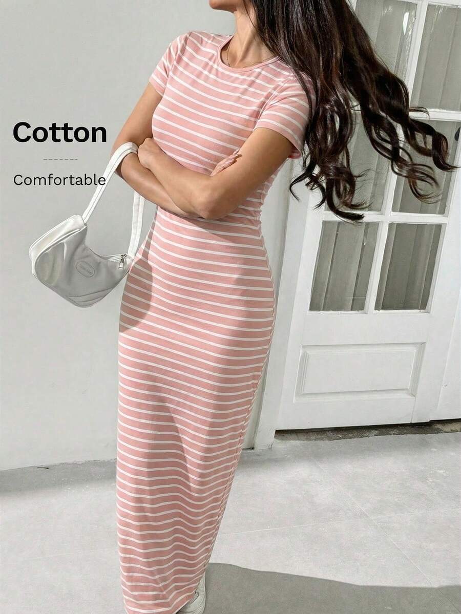 SHEIN EZwear 女士针织粉白条纹圆领短袖修身连衣裙,春夏款 - 藕粉色 - 查看 1
