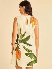 CAJUNI 女式杏色椰子树、鹦鹉和热带水果印花圆领无袖修身褶饰印花夏季度假海滩迷你连衣裙 - 黃色 - 查看 2