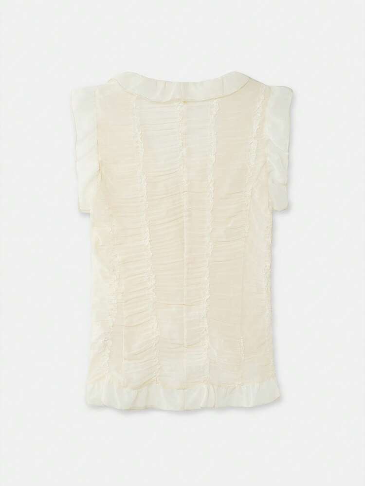 Sheer White Chiffon Ruffled Sleeveless Top With Fitted Waist, Romantic Spring Summer Top French Style Parisian Style Vacation Going Out Women's Top