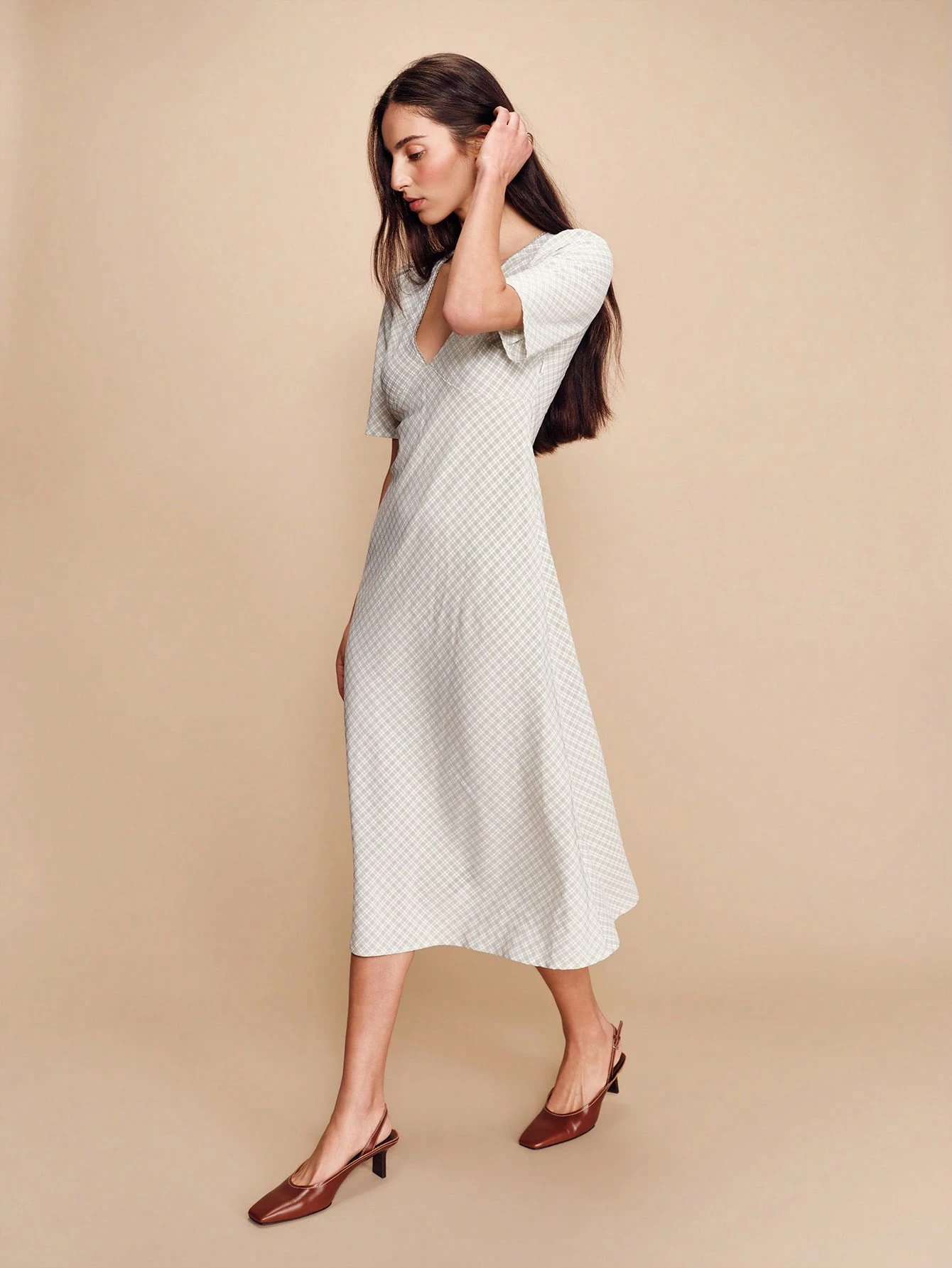 Light Sage Green Check Print Midi Dress With V-Neck And Short Sleeves Cute Spring Summer Style French Style Parisian Style Going Out Business Casual Women's Summer Dress Casual Midi Dress Short Sleeve Dress