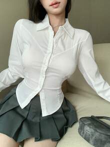 Joudiya Ladies' Simple Solid Color Daily Long Sleeve Shirt,Long Sleeve Tops,Fall Clothes - White - View 9