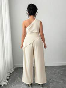 Elenzga Conjunto de dos piezas de blusa sin mangas con bajo asimétrico elegante y pantalones de pierna ancha para mujer de talla grande, de moda para primavera/verano - Albaricoque - Ver 2