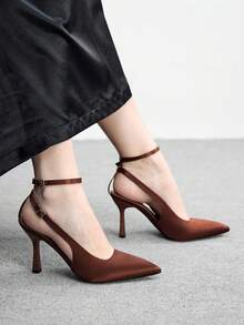 CUCCOO BIZCHIC 女士尖头高跟鞋，踝带设计，百搭优雅 - 棕色色丁 - 查看 4