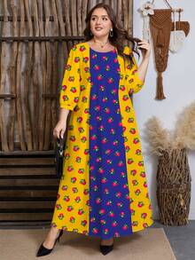 SHEIN Najma Plus Size Women's Floral & Botanical Digital Print Colorblock Round Neck Pleated Design Waist Flared Midi Dress, Spring - Multicolor - View 4