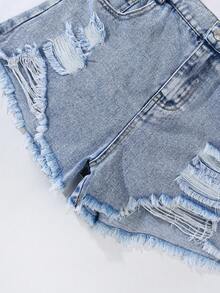 Short en jean pour adolescentes, nouvelle arrivée d'été, style Y2K, short en jean d'été pour petites filles, nouveau produit, lavage vintage délavé et déchiré, polyvalent à la mode, coupe assortie, tissu en jean confortable, convient pour les festivals de musique, les vacances d'été, les sorties, les fêtes - Jean clair - Voir 8