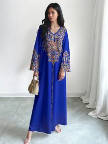 SHEIN Najma 女士彩色藤蔓图案数码印花蓝色V领长袖优雅阿拉伯风长连衣裙，春秋季 - 彩色 - 查看 3