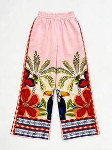 Vaclyn Women's Tropical Vacation Palm Tree Print Loose Straight Wide Leg Pants - Pink - View 3