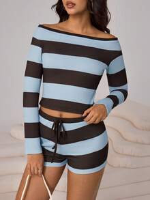 Aidyla Women's Cold Shoulder Top And Low-Waist Shorts, Casual Fashionable Streetwear Blue And Brown Striped 2-Piece Set - Multicolor - View 5