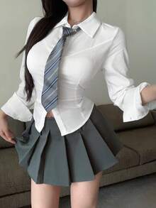 Joudiya Ladies' Simple Solid Color Daily Long Sleeve Shirt,Long Sleeve Tops,Fall Clothes - White - View 6