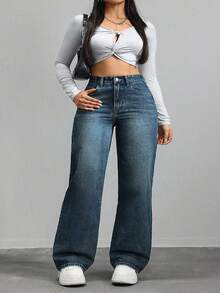 SHEIN CURVE+ Plus Size Women Casual Loose Fit Denim Wide Leg Pants - Dark Wash - View 5