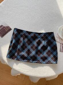 Comfortcana Casual Retro Elegant Commuting Versatile Warm Black & Blue Plaid Print Pattern Comfortable Knee-Length Skirt For Women, Suitable For Autumn/Winter - White - View 2