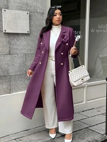 EMERY ROSE 大码女式时尚优雅双排扣花卉印花翻领羊毛大衣 - 紫色 - 查看 7