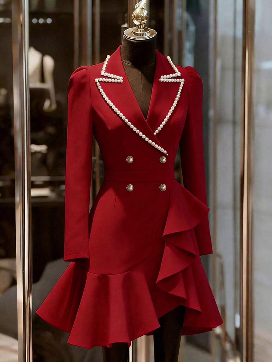 Franclia 女士优雅仿珍珠串珠下摆不对称中长连衣裙 - 紅色 - 查看 1