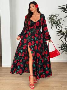 Vionelle Plus Size Elegant Rose Flower Print Sweetheart Neck Lantern Sleeve Dress, Autumn - Black - View 2