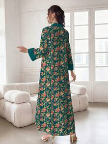 SHEIN Najma 女士花卉植物印花V领长袖优雅阿拉伯风格连衣裙，春秋季 - 彩色 - 查看 2