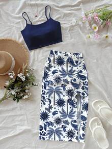 Soleia 2pcs/Set Casual Vacation Style Navy Blue Sun God Palm Tree Hand-Painted Pattern Full Print Women Tank Top And Printed Skirt, Suitable For Spring/Summer Spring - Multicolor - View 7