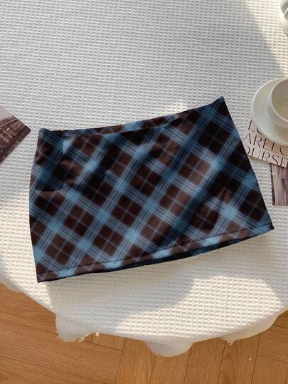 Comfortcana Casual Retro Elegant Commuting Versatile Warm Black & Blue Plaid Print Pattern Comfortable Knee-Length Skirt For Women, Suitable For Autumn/Winter