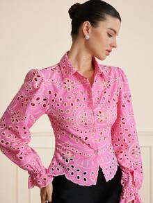 BELROSIE Blusa con diseño de cuello con bordado perforado y dobladillo con volantes, versátil para vacaciones y uso diario, estilo europeo - Rosa - Ver 6