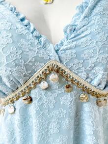 Sweetra 大码女式花卉刺绣装饰圆形吊坠休闲吊带背心，适合约会和派对穿着 - 藍色 - 查看 4