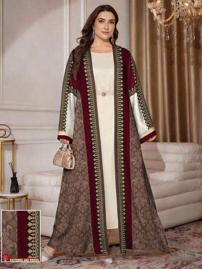 SHEIN Najma Plus Size Women's Print Long Sleeve Casual Arabic Abaya Cardigan Maxi Jacket, Spring/Autumn
