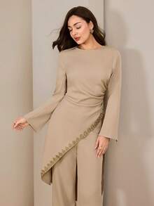 Graceveil Women's Apricot Crew Neck Long Sleeve Cinched Waist Asymmetric Hem Long Top & Flared Leg Casual Pants Set Two Piece Outfit - Apricot - View 3