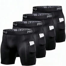 Conjunto de 4 bóxers deportivos de hombre de secado rápido con bolsillos, pantalones cortos de compresión de rendimiento de pierna larga para hombre. - Negro - Ver 2