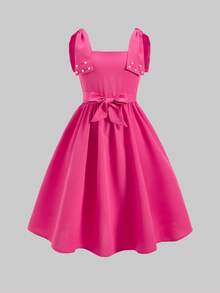 SHEIN 一件少女优雅绉纱连衣裙，配有可拆卸串珠蝴蝶结肩带和贴身腰带，适合休闲、派对和假日穿着。 - 玫紅色 - 查看 3