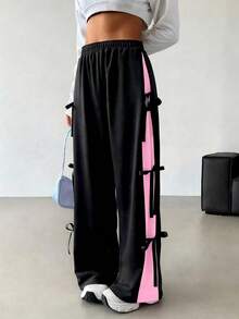 SHEIN EZwear 加大码黑色蝴蝶结松紧腰撞色直筒休闲运动裤，秋冬季 - 黑色 - 查看 5
