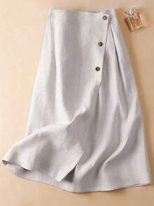 Franclia 女士法式优雅时尚休闲度假纯色弹力腰纽扣前开襟不对称褶皱A字裙，适合海滩度假，修身优雅半身裙，A字裙，喇叭裙休闲度假百搭女裙，2026新款半身裙，夏季度假套装半身裙，春季套装半身裙，波西米亚风夏季半身裙，希腊度假套装，职业装女装，棉布女装，优雅婚纱半身裙，仿亚麻面料半身裙，正式女士半身裙 - 淺灰色 - 查看 4