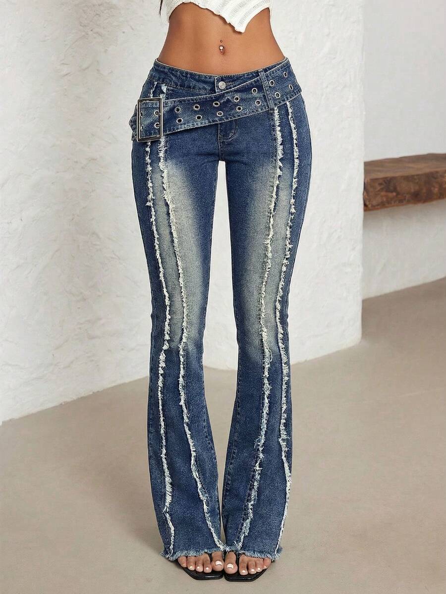 Jeanoix Plus Size Low Rise Flare Leg Jeans With Large Sun Symbol Button - Dark Wash - View 1
