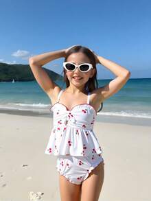 SHEIN Cherry Print Girls Tankini Swimsuit Set, Sweet & Cute Style - Multicolor - View 4
