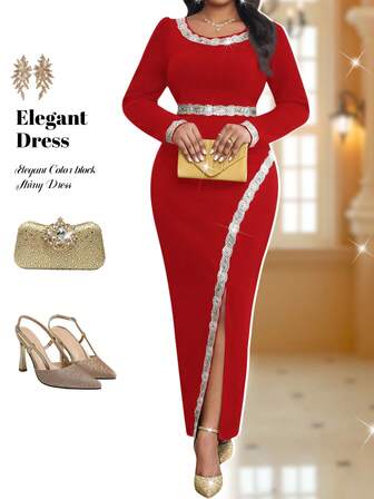 Fleurora Vestido de fiesta de manga larga con cuello redondo y cintura ceñida para mujer de talla grande