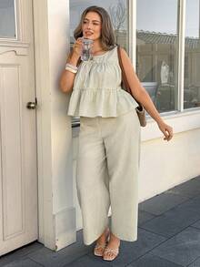 Lounesse Plus Size 2 Pieces Set Women Striped Ruffle Hem Design Casual Everyday Commute Outfit, Plus Size Wide Leg Pants Set Pants Two Piece Set Summer Pant Set Comfortable Two Piece Set Spring/Summer Casual Outfit Sets For Women, Summer Outfits - Apricot - View 5