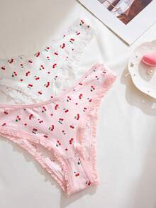 3 piezas/Paquete Bragas de mujer con lindo estampado de cerezas - Multicolor - Ver 6