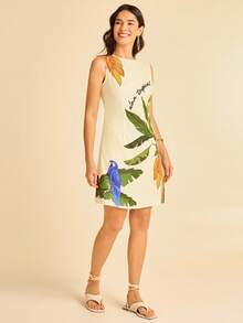 CAJUNI 女式杏色椰子树、鹦鹉和热带水果印花圆领无袖修身褶饰印花夏季度假海滩迷你连衣裙 - 黃色 - 查看 3
