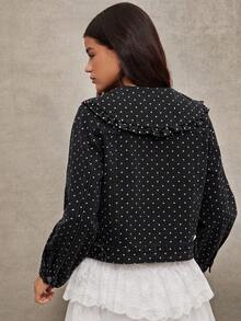 WESTFADE Polka Dot Print Oversized Ruffle Peter Pan Collar Button Front Long Sleeve Cotton Blend Denim Jacket - Grey - View 2