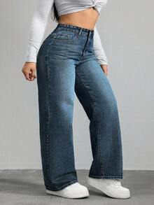 SHEIN CURVE+ Plus Size Women Casual Loose Fit Denim Wide Leg Pants - Dark Wash - View 3