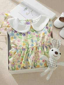 Souflis Souflis 法国新款复活节女婴黄色兔子花园图案彼得潘领短袖连衣裙，适合居家、外出及各种场合穿着。 - 黃色 - 查看 9