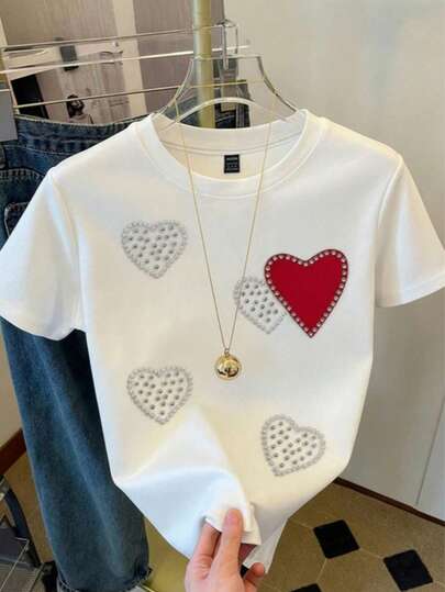 Tshirt san valentin mujer corazones elegantes glitter cute para dama, poliester, tela suave,elastica  y agradable para la piel, moderna, casual, con diseño grafico estampado ideal para todas las ocasiones y estaciones del año