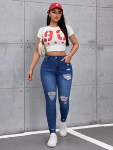 SHEIN Tall Quần jeans nữ dáng ôm, rách, có túi, phong cách thường ngày, đa năng. - Rửa tối - Xem 4