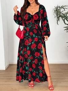 Vionelle Plus Size Elegant Rose Flower Print Sweetheart Neck Lantern Sleeve Dress, Autumn - Black - View 6