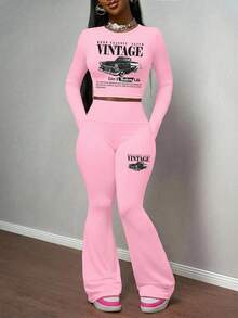 Slaydiva 2025fall Clothes For Women/Winter Clothes For Women/Sets 2 Piece Women/Flare Jeans/Long Sleeve Tops/Casual Round Simple Collar Long Sleeve Yoga Pants Short Pleated Top Yoga Wide Leg Pants Flared Pants Trousers Women's Two Pieces Suit/Y2k Clothes/Streetwear/Going Out Tops Women/Vintage Car Graphic Carnival - Baby Pink - View 5