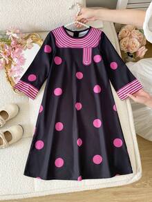 SHEIN 2pcs/Set Young Girl Geometric Print Long Sleeve Dress And Mesh Sheer Short Sleeve Dress Elegant And Adorable Two-Piece Set For Baby Girls: A Black And Purple Polka-Dot Resort Robe, An Arabian-Style Robe, And A Black Mesh Cover-Up With Gold Embroidered Lace. This Elegant And Adorable Set Is Designed Specifically For Baby Girls, Featuring Middle Eastern Patterns, And Is Suitable For Both Indoor And Outdoor Wear., Young Girls Casual Kids Jalabiya,Kids - Black - View 6