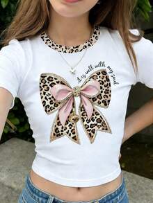 女童休闲简约英文风T恤，粉色蝴蝶结，豹纹蝴蝶结，水钻图案，短袖圆领，适合夏季穿着，美式度假风，修身白色T恤，日常百搭。 - 彩色 - 查看 2