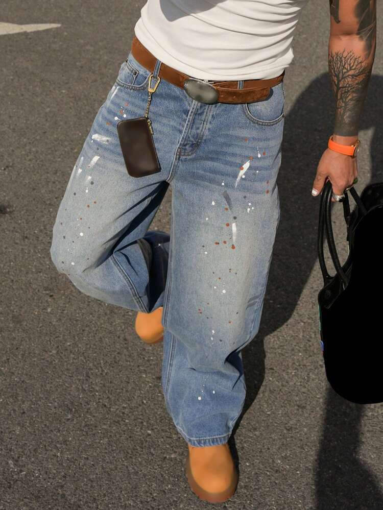 Spring Blue Washed Vintage Colorful Speckle Design Streetwear Men's Jeans