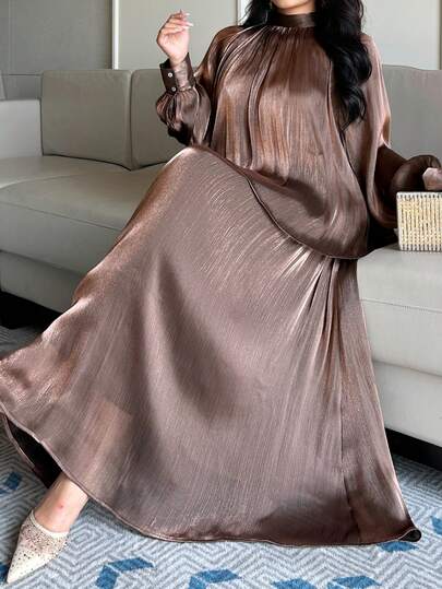 Dazy Plus مجموعة نسائية أنيقة بمقاسات كبيرة: ملابس علوية شيفون بياقة ربطة وأكمام طويلة فضفاضة وتنورة طويلة قصة A، نسيج ملمس، طراز مناسب للتنقل، للربيع/الصيف