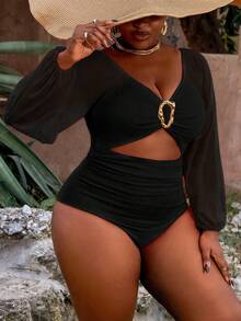 Slaydiva 2pcs Plus Size Women's Neon Orange Long Sleeve Hollow-Out Metallic Embellished One-Piece Swimwear For Daily Wear, Summer Beach Holiday - Black - View 5