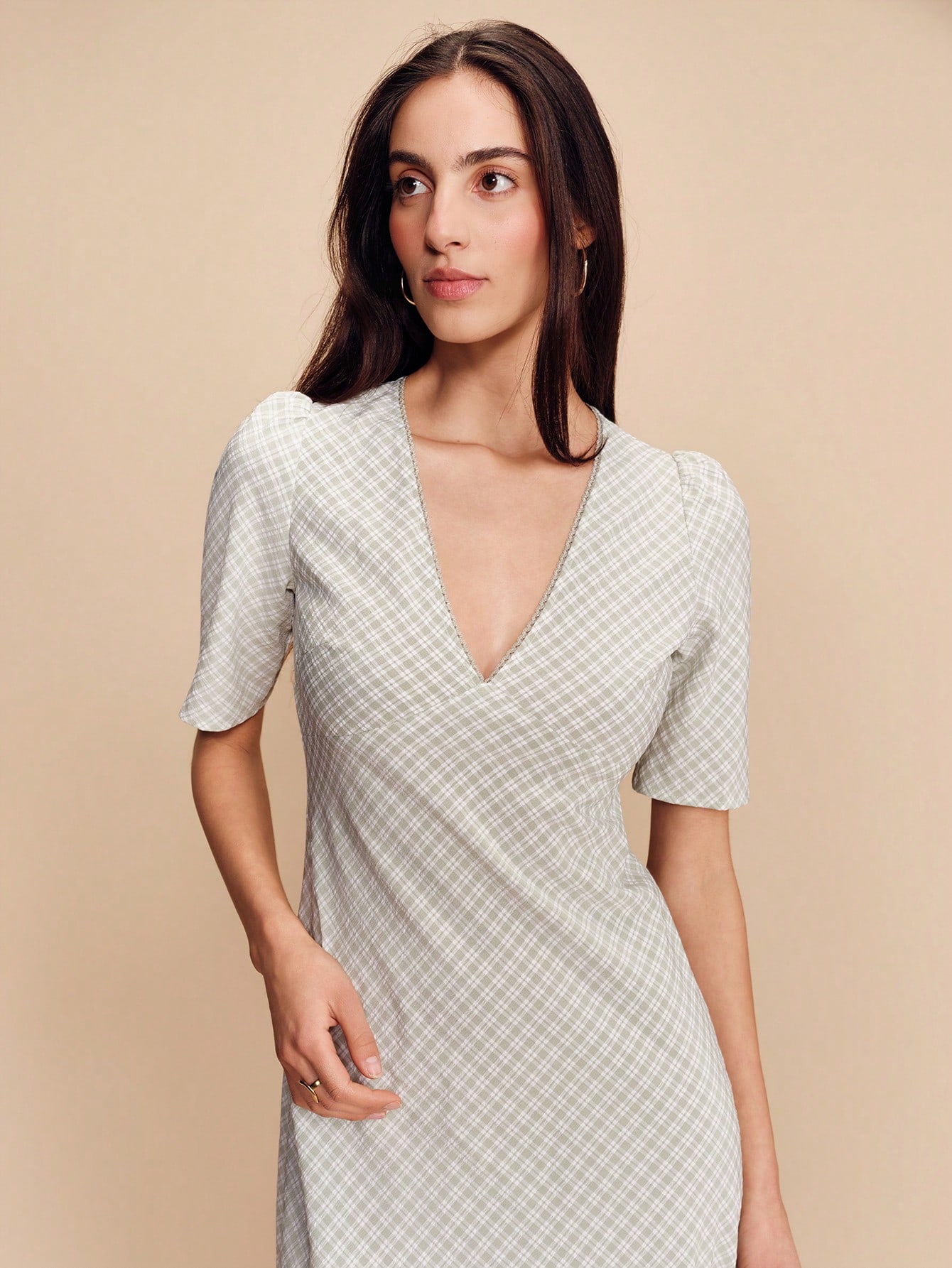 Light Sage Green Check Print Midi Dress With V-Neck And Short Sleeves Cute Spring Summer Style French Style Parisian Style Going Out Business Casual Women's Summer Dress Casual Midi Dress Short Sleeve Dress