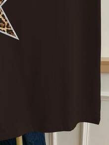 Resyla Women's Casual Daily Commute Fashion Street Leopard Print & Star Pattern Ringer Short Sleeve T-Shirt, Summer - Black - View 5