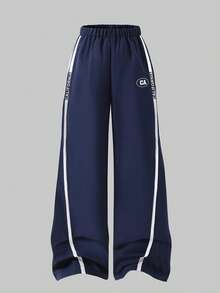 Casuvi Kids Loose Fit Navy Blue Casual Sports Pants For Tween Boywith Two White Stripes On Sides, "CALIFORNIA" Text, And Oval "CAx" Logo Graphic, Suitable For School, Sports, And Casual Weekends Kids Sports Wear - Navy Blue - View 2